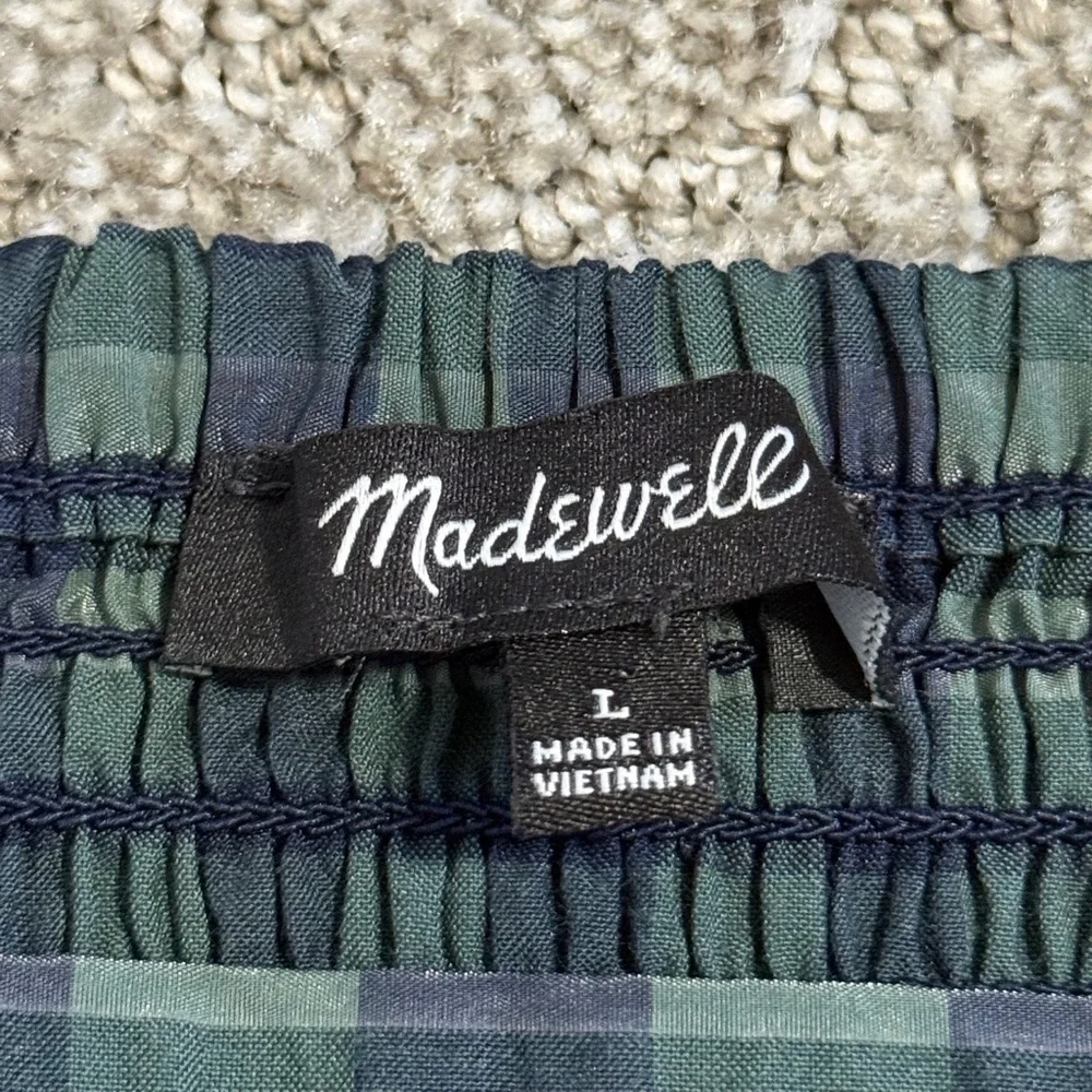 Madewell Green and Navy Plaid Puff Sleeve Crop Top